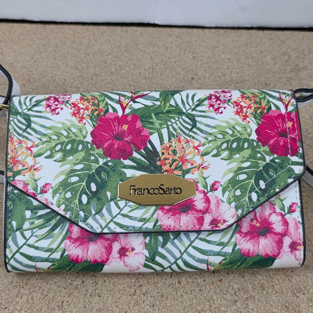 Franco Sarto Tropical Floral Clutch Wallet Crossbody Strap White Pink Green Gold